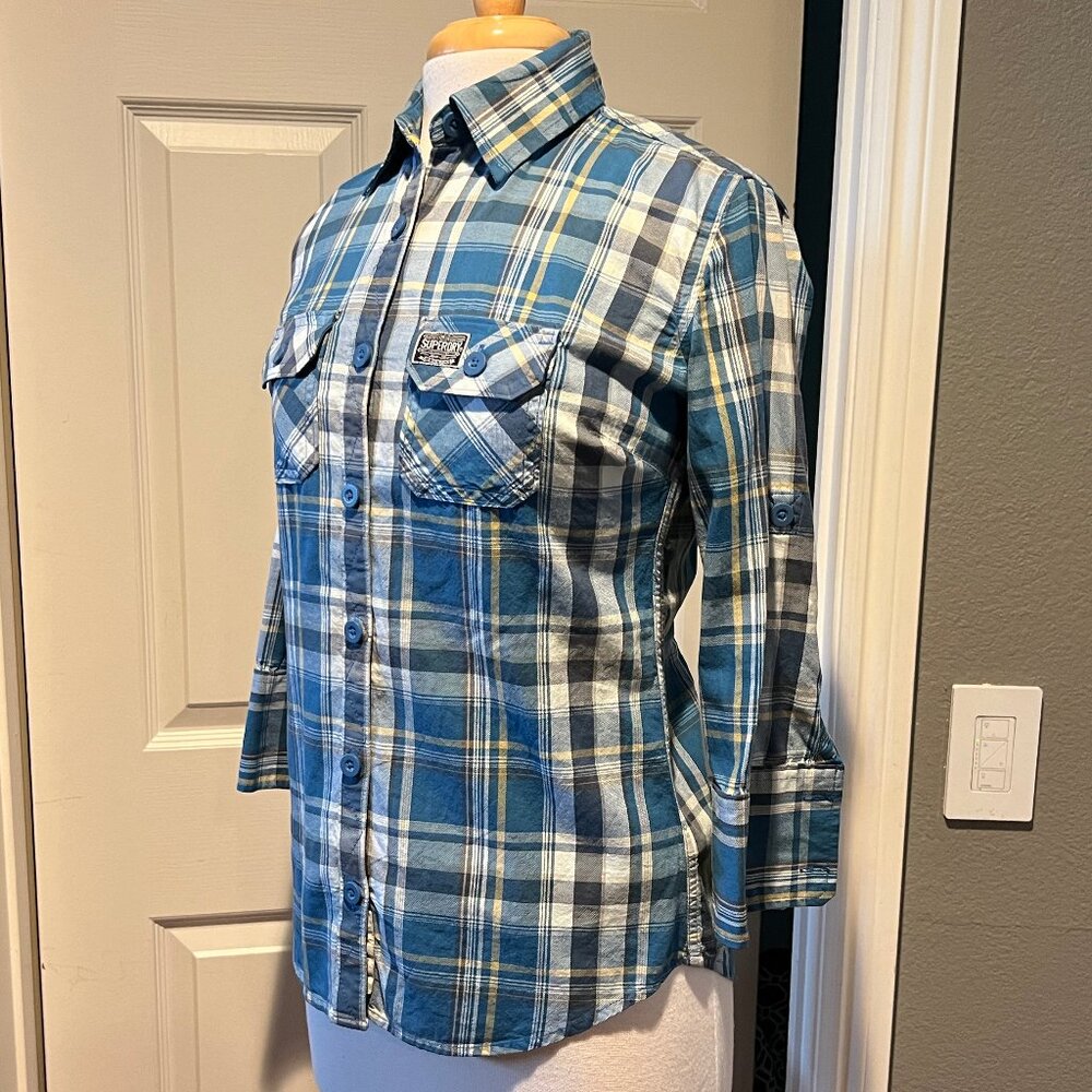 SUPERDRY women's blue plaid cotton shirt NWT S